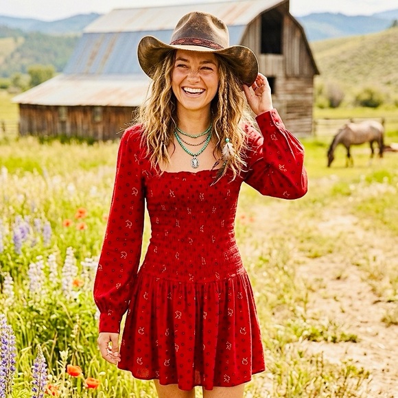 Free People Two Faces Mini Dress ruby red floral smocked long sleeve XS boho - Picture 2 of 16